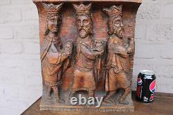 Antique french wood carved religious three kings nativity religious panel plaque