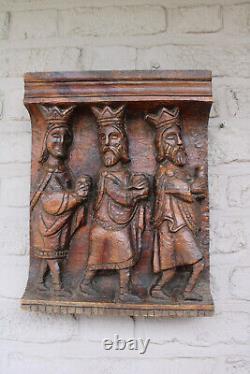 Antique french wood carved religious three kings nativity religious panel plaque