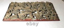 Antique hand carved Chinese wood relief figural reticulated wall panel sculpture