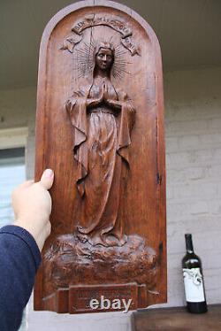 Antique large Wood carved panel relief our lady of banneux religious