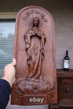 Antique large Wood carved panel relief our lady of banneux religious