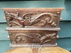 Antique oak ornate wooden wood pediment carved drawer panel Griffin