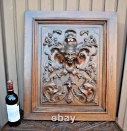 Antique oak wood carved devil satyr head dragon mythological door panel plaque