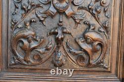 Antique oak wood carved devil satyr head dragon mythological door panel plaque
