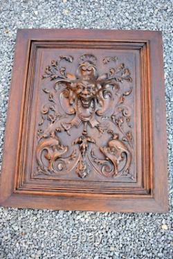 Antique oak wood carved devil satyr head dragon mythological door panel plaque