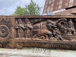 Antique old wooden hand carved gaj laxmi figure wall panel