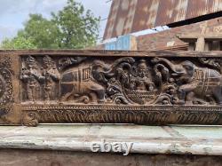 Antique old wooden hand carved gaj laxmi figure wall panel