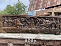 Antique old wooden hand carved gaj laxmi figure wall panel