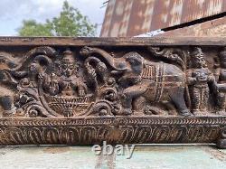 Antique old wooden hand carved gaj laxmi figure wall panel
