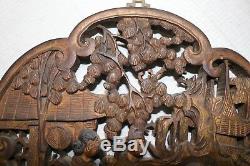 Antique ornate hand carved wood Chinese figural wall relief panel sculpture