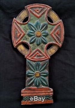 Antique polychrome Celtic hand carved large wooden panel