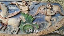 Antique polychromed baroque Carved Wood Panel relief Angels Eros Cherubs horses