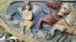 Antique polychromed baroque Carved Wood Panel relief Angels Eros Cherubs horses