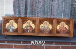 Antique rare neo gothic church wood carved panel painting saints portrait