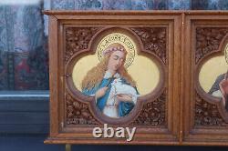 Antique rare neo gothic church wood carved panel painting saints portrait