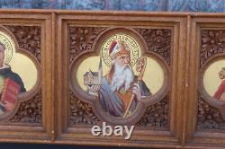 Antique rare neo gothic church wood carved panel painting saints portrait