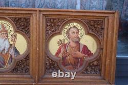 Antique rare neo gothic church wood carved panel painting saints portrait