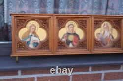 Antique rare neo gothic church wood carved panel painting saints portrait