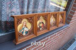 Antique rare neo gothic church wood carved panel painting saints portrait