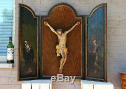 Antique rare religious XXL wall Triptych Wood carved christ oil panel paintings