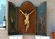 Antique Rare Religious Xxl Wall Triptych Wood Carved Christ Oil Panel Paintings