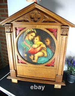 Antique religious wood carved neo gothic wall panel frame oil painting madonna