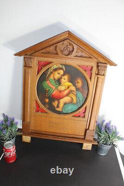 Antique religious wood carved neo gothic wall panel frame oil painting madonna