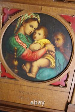 Antique religious wood carved neo gothic wall panel frame oil painting madonna