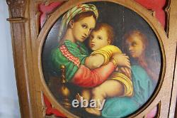 Antique religious wood carved neo gothic wall panel frame oil painting madonna