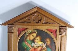 Antique religious wood carved neo gothic wall panel frame oil painting madonna