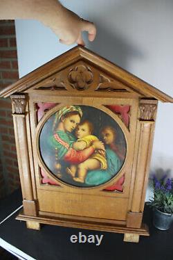 Antique religious wood carved neo gothic wall panel frame oil painting madonna