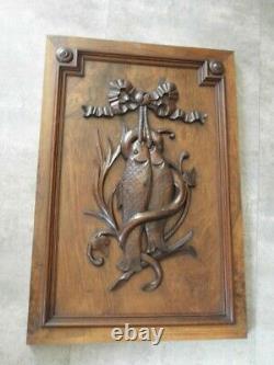 Antique wall panel WOOD Hand Carved trophy fishing fish BLACK FOREST Frame old