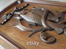 Antique wall panel WOOD Hand Carved trophy fishing fish BLACK FOREST Frame old