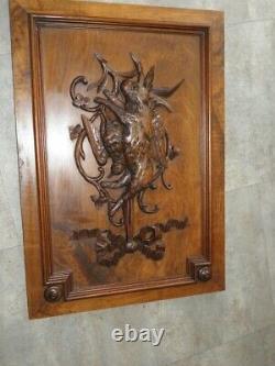 Antique wall panel WOOD Hand Carved trophy hare hunting Bird BLACK FOREST Frame