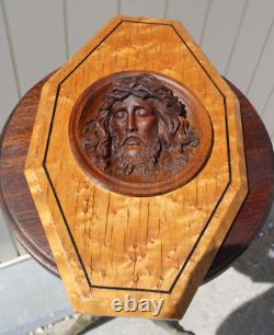 Antique wood carved art deco religious wall plaque panel with christ relief head