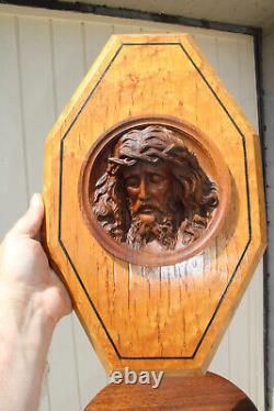 Antique wood carved art deco religious wall plaque panel with christ relief head