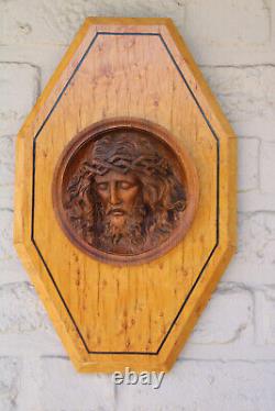 Antique wood carved art deco religious wall plaque panel with christ relief head