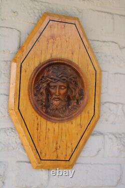 Antique wood carved art deco religious wall plaque panel with christ relief head