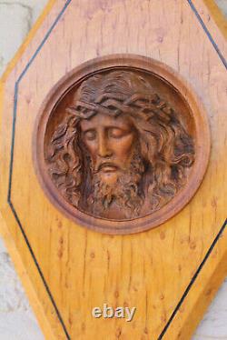 Antique wood carved art deco religious wall plaque panel with christ relief head