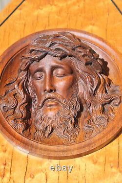 Antique wood carved art deco religious wall plaque panel with christ relief head