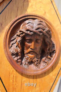 Antique wood carved art deco religious wall plaque panel with christ relief head