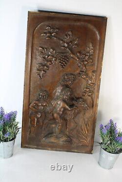 Antique wood carved panel putti cherub goat animal relief decor