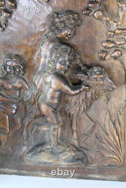 Antique wood carved panel putti cherub goat animal relief decor