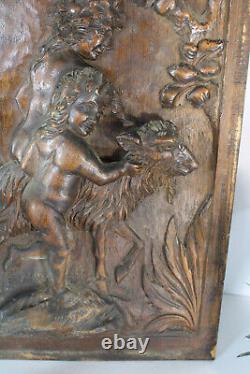 Antique wood carved panel putti cherub goat animal relief decor