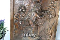 Antique wood carved panel putti cherub goat animal relief decor