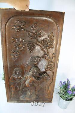 Antique wood carved panel putti cherub goat animal relief decor