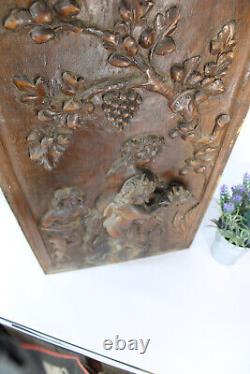 Antique wood carved panel putti cherub goat animal relief decor