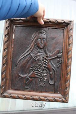 Antique wood carved panel religious saint Therese Lisieux relief rare