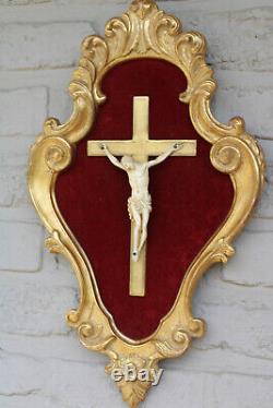 Antique wood carved plaque corpus christ crucifix on velvet panel religious