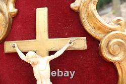 Antique wood carved plaque corpus christ crucifix on velvet panel religious